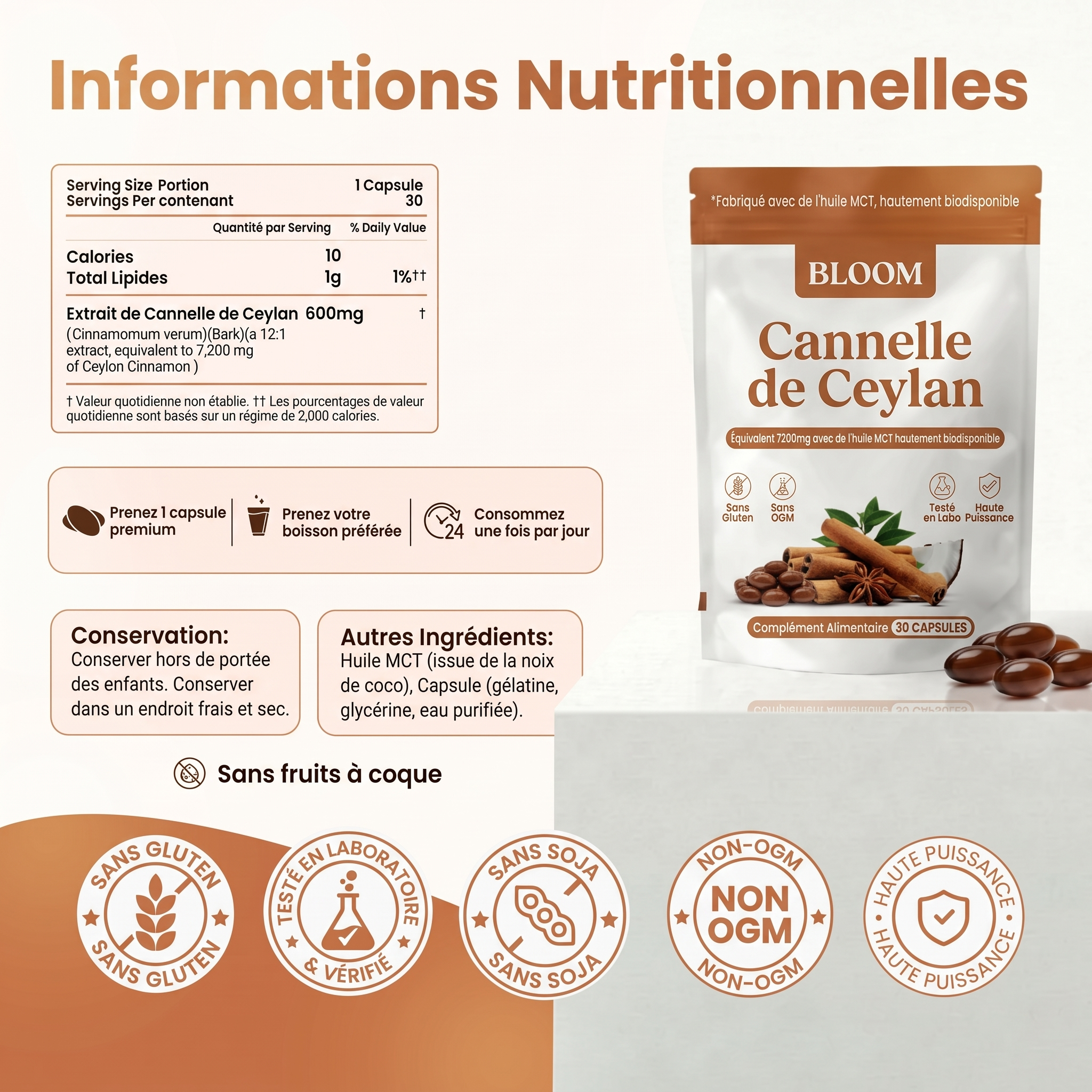 Cannelle de Ceylan 7 200 mg avec huile TCM